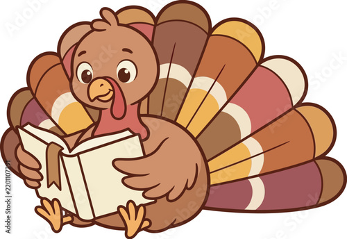 Funny Cartoon Turkey Sitting and Reading a Book Cute Thanksgiving Bird Character with Colorful Tail Feathers Vector Illustration for Kids and Holiday Projects