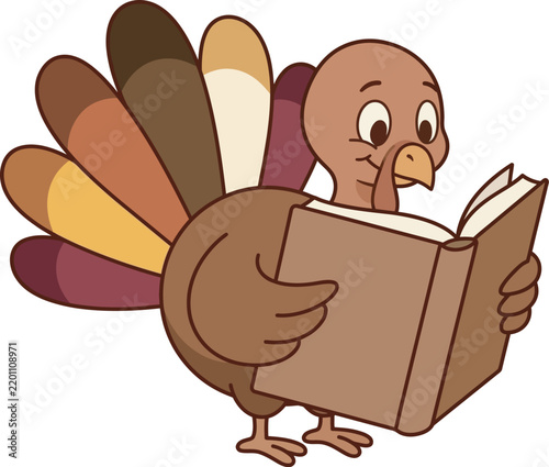 Funny Turkey Reading Book Cartoon Bird Character with Colorful Tail Feathers Cute Farm Animal Vector Illustration for Thanksgiving Holiday and Learning Design