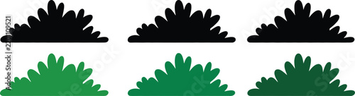Cartoon bush silhouette set featuring black and green foliage shapes for garden landscaping, nature scenes, parks, and decorative designs