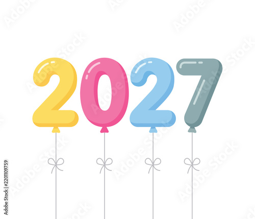 Colorful balloon set in shape of number 2027 floating with strings and bows isolated on transparent background decoration.