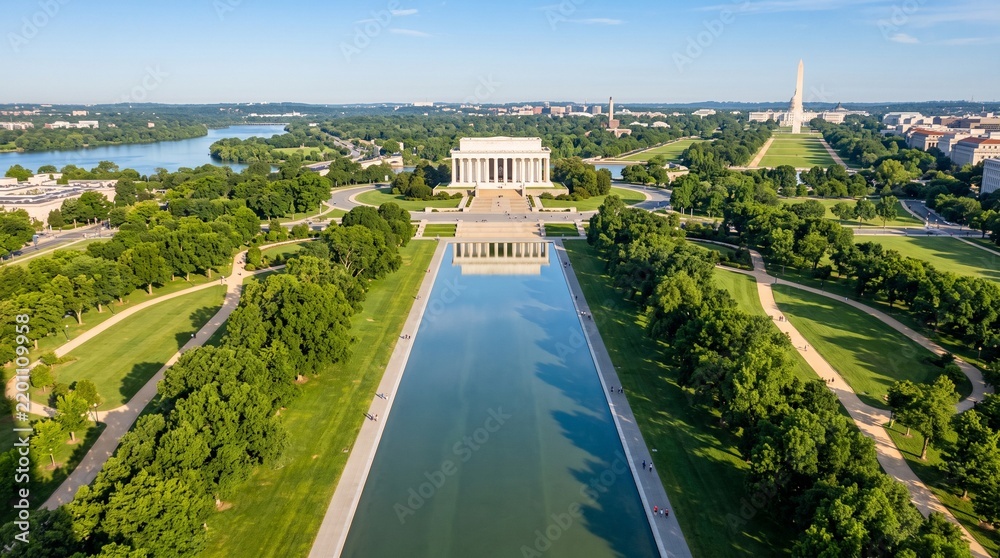 Fototapeta premium Aerial view of the Lincoln Memorial and the Reflecting Pool in Washington, D.C., with the Washington Monument in the distance on a sunny summer day