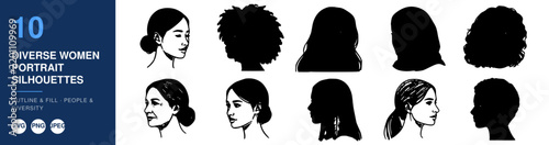 Diverse Women Portraits Silhouettes, Outline and Fill Design, People and Diversity Concept, Vector Illustration.