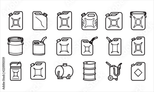 Industrial fuel storage icons set with gasoline canisters and liquid metal drums.