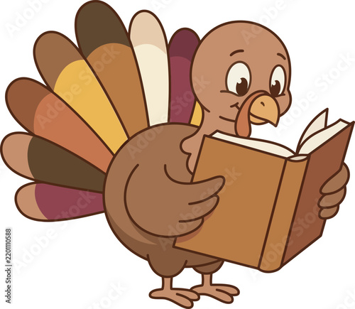 Funny Cartoon Turkey Sitting and Reading a Book Cute Thanksgiving Bird Character with Colorful Tail Feathers Vector Illustration for Kids and Holiday Projects