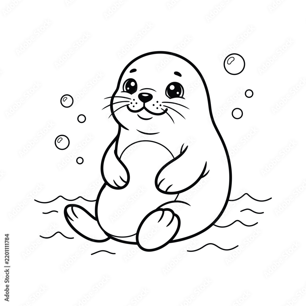 Obraz premium Cute cartoon baby seal sitting in the ocean with bubbles for a fun coloring page design