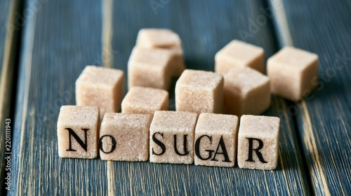 No sugar lifestyle concept with healthy foods and sugar cubes separated from the composition.