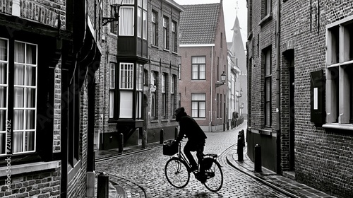 A lone cyclist navigates a cobblestone street lined with historic buildings.