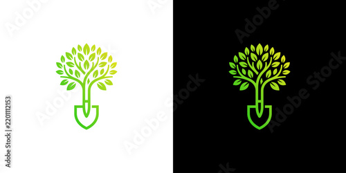 Green Tree and Shovel Logo for Gardening Nature and Growth Concepts