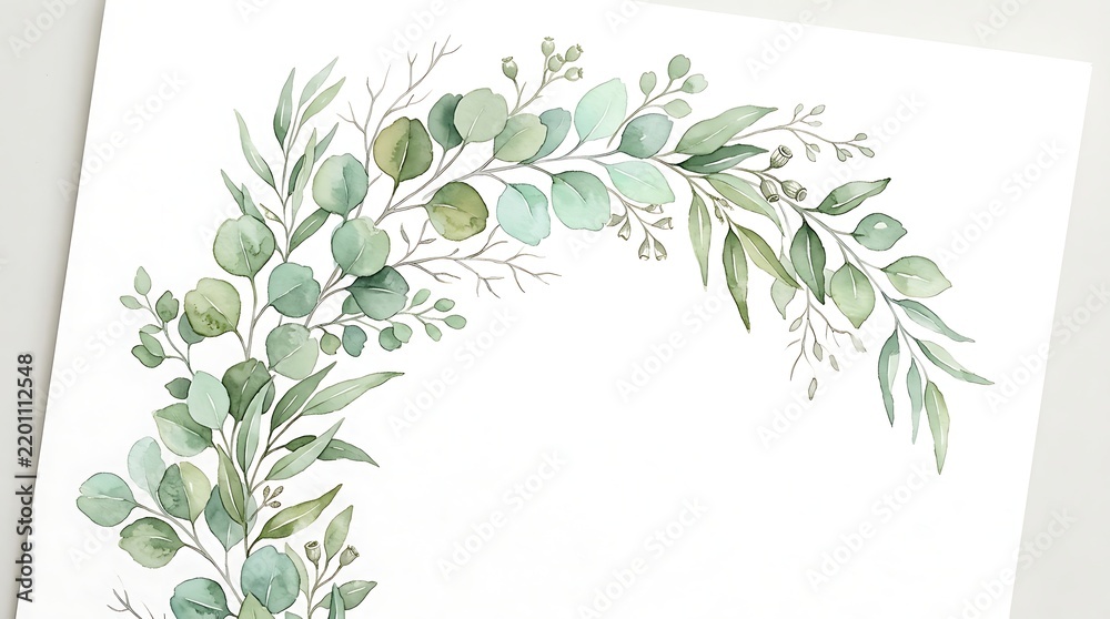Fototapeta premium Watercolor eucalyptus wreath frame with green leaves and branches, botanical illustration isolated on white background