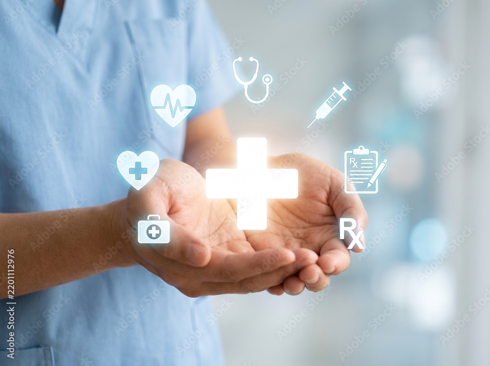Obraz premium Nurse in blue scrubs cupping hands to present glowing white medical cross and clinical symbol holograms in a brightly lit corridor.