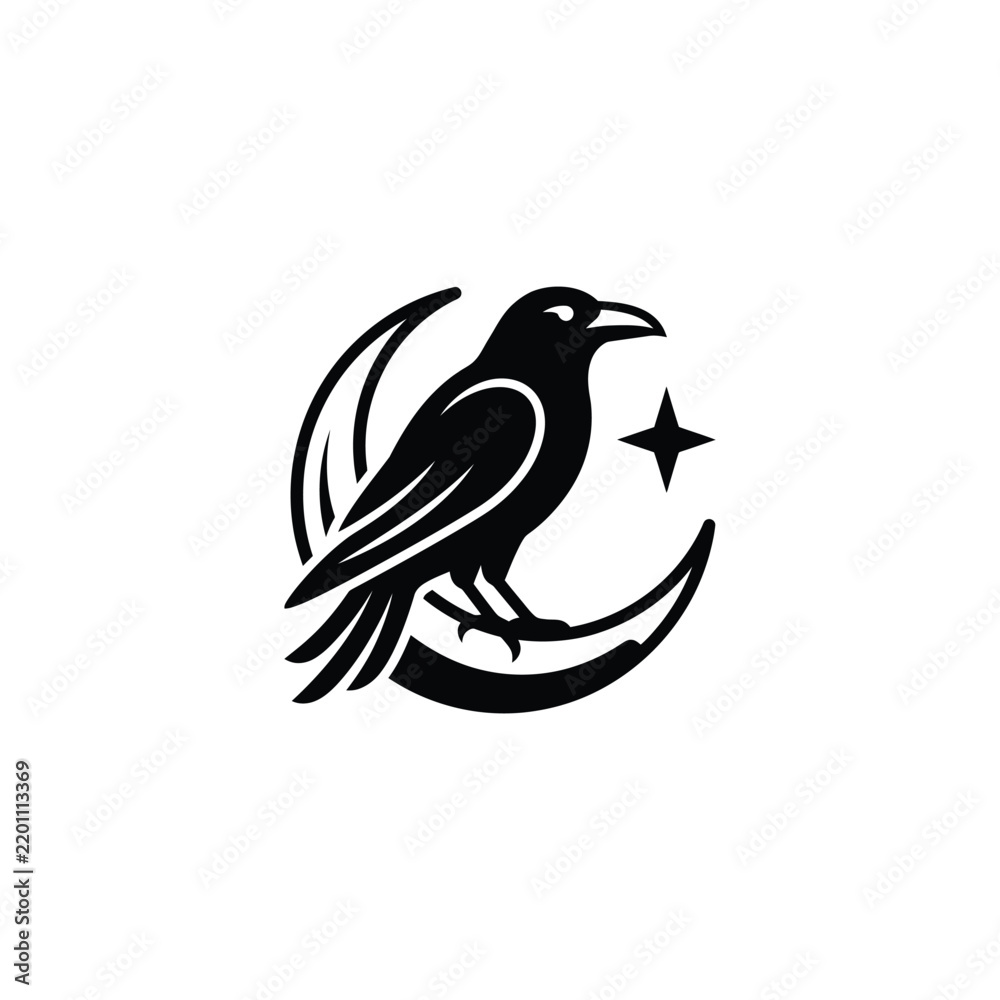 Obraz premium Stylized Raven Perched on Crescent Moon with Star Icon.