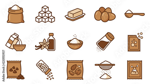 Set of 15 Baking and Cooking Ingredients Icons Featuring Flour Sugar Eggs Butter and Spices Vector