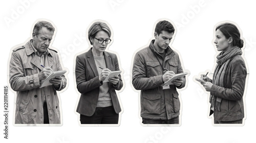 journalist with notepad and pen , newspaper collage cutout set PNG