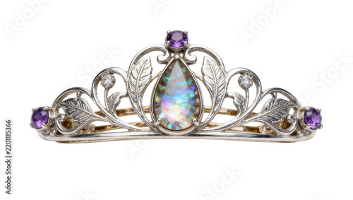 Фотография Ornate silver tiara with pear-shaped iridescent gemstone and amethyst accents, i