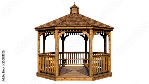 Wooden octagonal gazebo with shingled roof and railings, isolated on transparent background