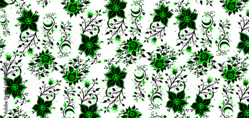 Elegant Black and White Floral Pattern with Swirling Vines and Delicate Blossoms, Flower 