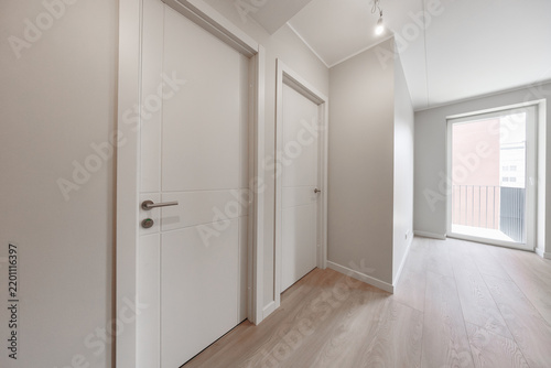 Bright modern apartment hallway with white interior doors, warm wood-look flooring, neutral walls, and a glazed balcony door providing natural light. Copy space