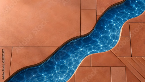Terracotta tile pattern surrounding a flowing blue water channel