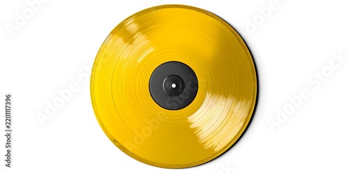 A vibrant translucent yellow vinyl record rests centered on a clean white surface with a black label at its core.