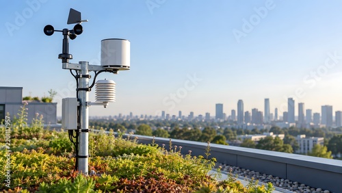 Weather monitoring station installed on a green rooftop in the city