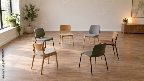 Empty chairs arranged in a circle for group discussion