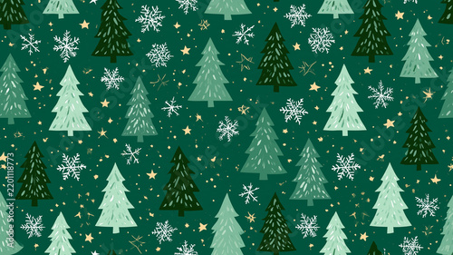 Christmas seamless pattern with handdrawn fir trees and snowflakes