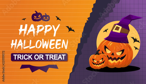 Happy Halloween banner with jack-o'-lantern pumpkins, witch hat, bats and moon on an orange and purple spooky background. Festive Trick or Treat design for Halloween parties, invitations, posters, etc