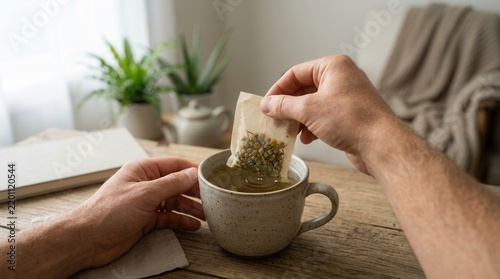 Man's hand steeping chamomile tea bag into a rustic ceramic mug on a wooden table, cozy home setting.