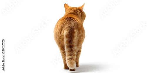 Orange tabby cat walking away from camera on white background