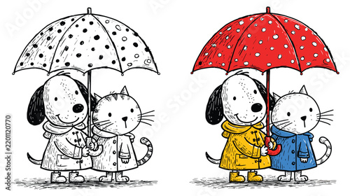 Dog vector illustration with cat under colorful rainy umbrella