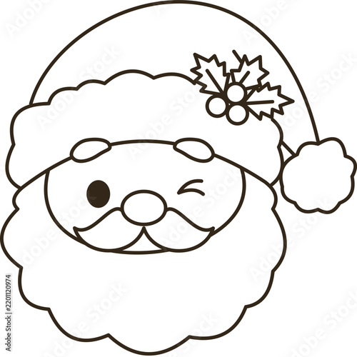 Cute winking Santa Claus face, black and white line art Christmas holiday cartoon icon coloring page vector illustration