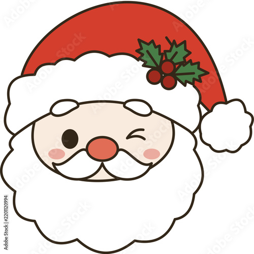 Cute winking Santa Claus face, hand drawn Christmas holiday cartoon icon vector illustration