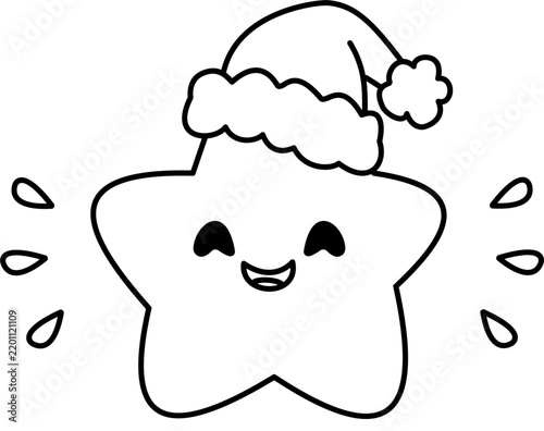 Cute sparkling Christmas star character, black and white line art holiday icon coloring page vector illustration