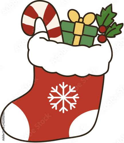 Christmas stocking filled with gifts, hand drawn holiday decoration icon vector illustration