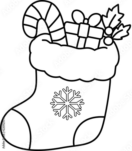 Christmas stocking filled with gifts, black and white line art holiday decoration icon coloring page vector illustration