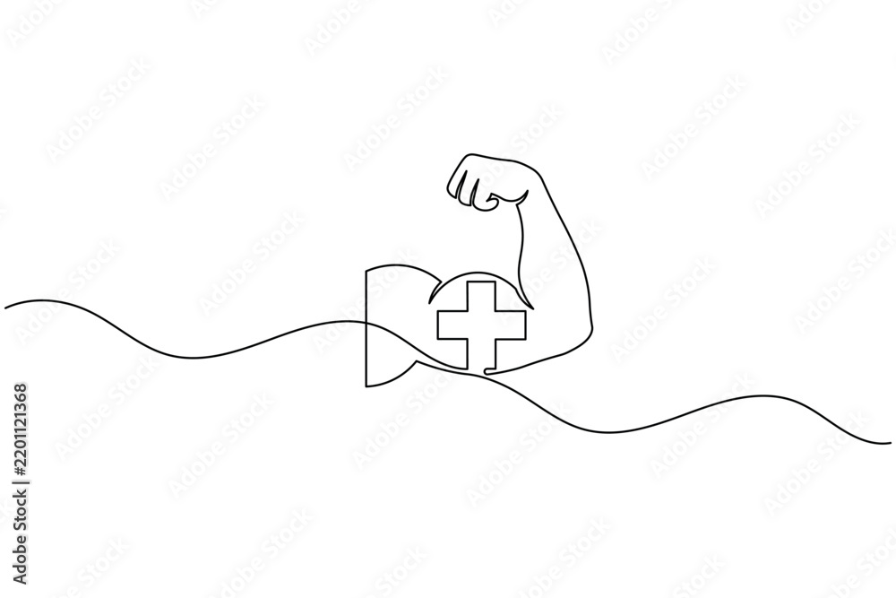 Obraz premium Human arm bicep muscle with medical cross continuous one line art health fitness vector illustration