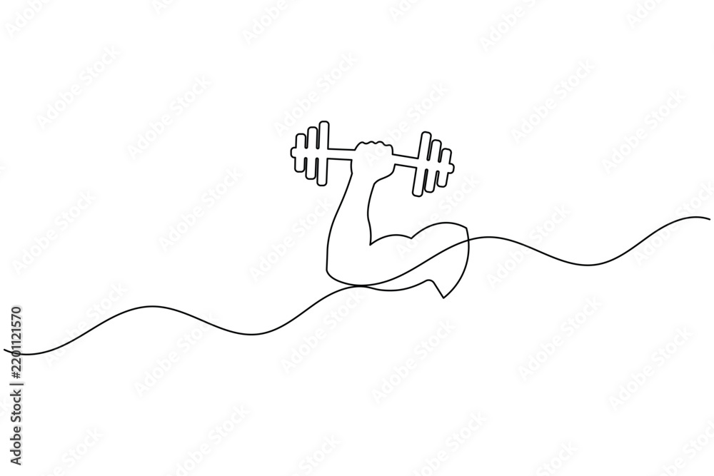 Obraz premium Human arm bicep muscle holding barbell continuous one line art weightlifting workout vector illustration