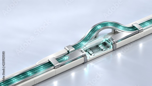 Glowing data pathway crossing a transparent technology module