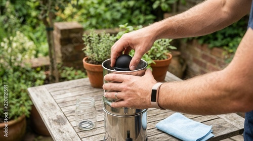 Man's hands assemble portable coffee maker on rustic wooden table in garden setting