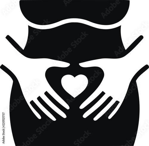 Black and white icon of a pregnant woman holding her stomach with hands forming a heart shape symbol