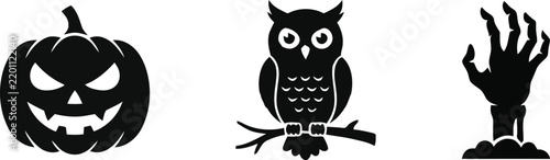 Set of black halloween icons featuring a spooky jack o lantern an owl and a zombie hand rising