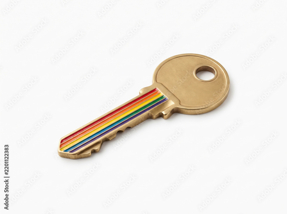 Obraz premium Rainbow Striped Metal Door Key Lying On Plain White Table