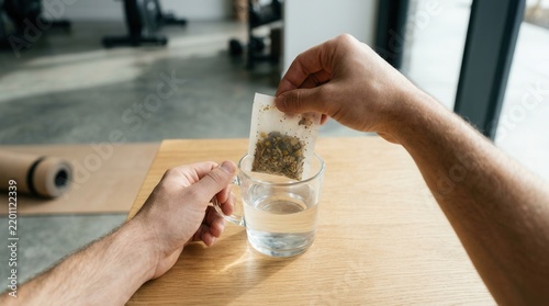 Man's hands dipping herbal tea bag into clear glass of water, post-workout refreshment in a gym setting