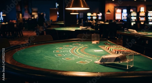 Casino Blackjack Table with Poker Chips and Cards in Dim Lighting