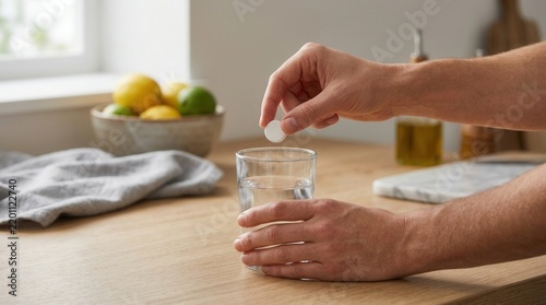 Man's hands drop effervescent tablet into glass of water on wooden kitchen counter, with fruit bowl and window in background.