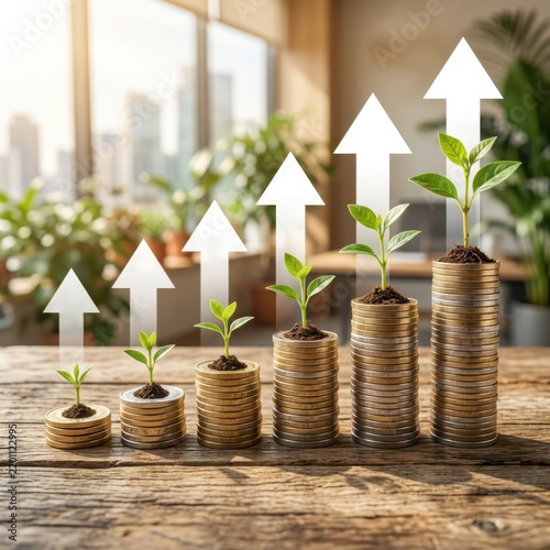 Small green plants growing on stacks of coins with white upward arrows representing financial growth and investment success concept