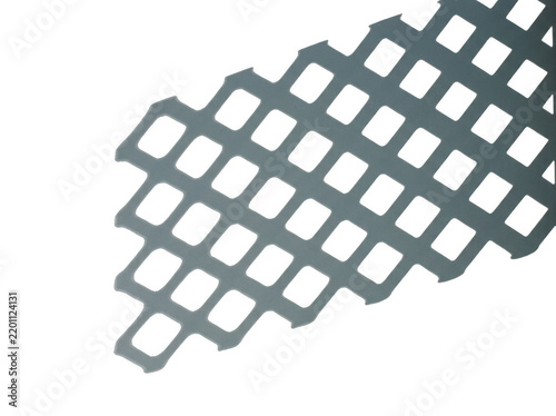 Geometric metallic mesh forms an abstract angular shape against a plain background.
