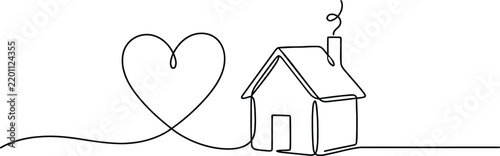 Continuous line drawing of a home with a heart shape