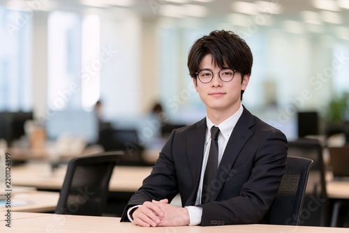 オフィスで眼鏡をかけた爽やかな若い日本人ビジネスマンの笑顔