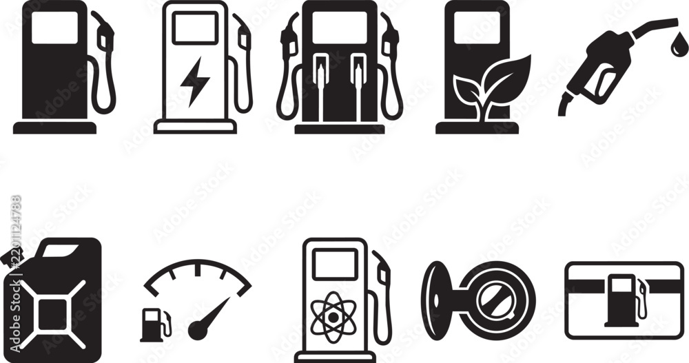 Fototapeta premium Gas station and alternative energy icon set with EV charging pump eco biofuel dispenser fuel nozzle jerry can and payment card glyph symbols